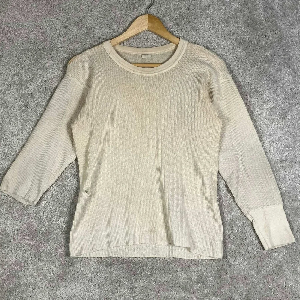 Vintage 70s Thermal Shirt Mens L Cream Fair Waffle Knit Long Sleeve Made in USA